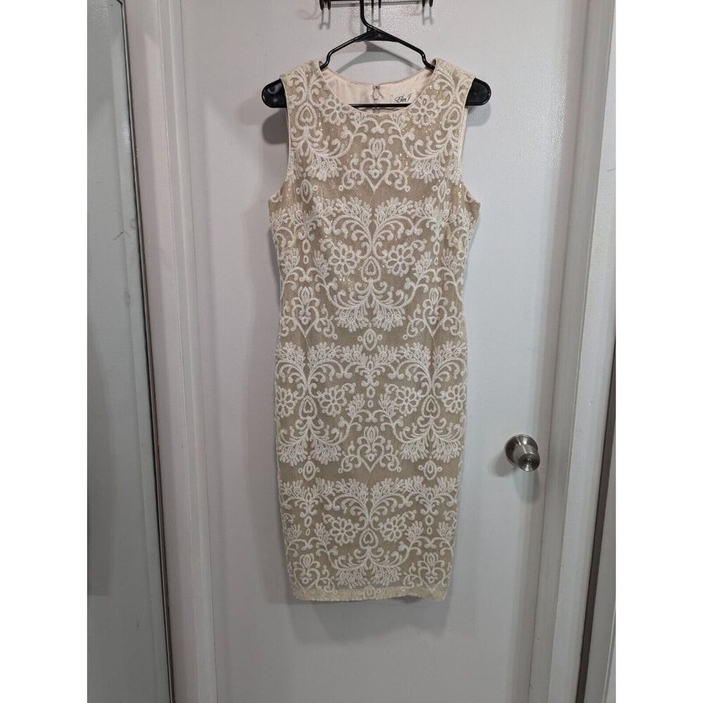 Eliza J Women Cocktail Dress 10 Gold Sequined Sleeveless Midi Sheath Embroidered